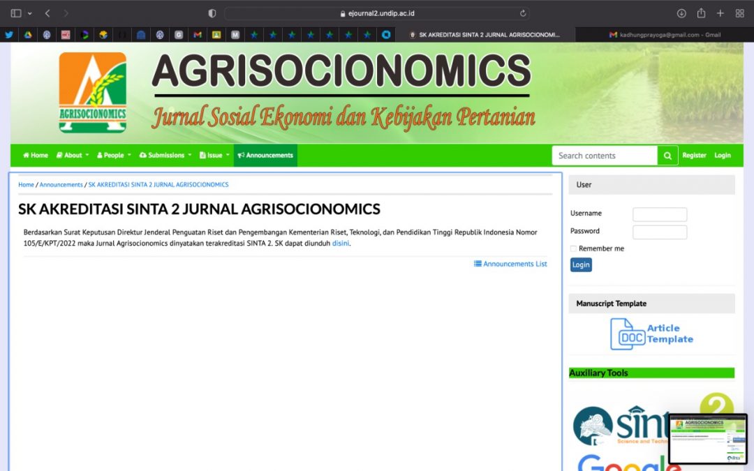 Jurnal Agrisocionomics Agribisnis Undip Raih Akreditasi SINTA 2